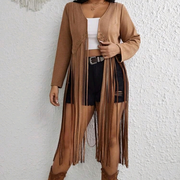 NEW PLUS SZ FRINGE HEM BEADED DETAIL OPEN FRONT COAT VEST - Picture 2 of 6